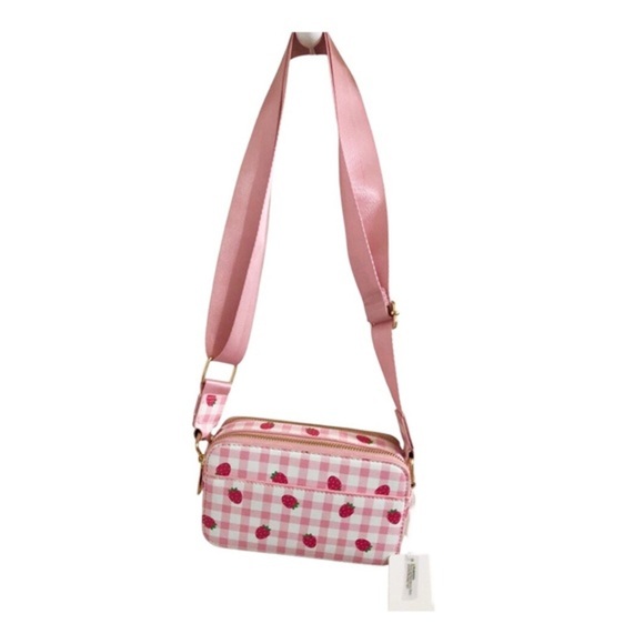 Pink plaid checkered strawberry print gold tone hardware crossbody canvas bag - Picture 7 of 13